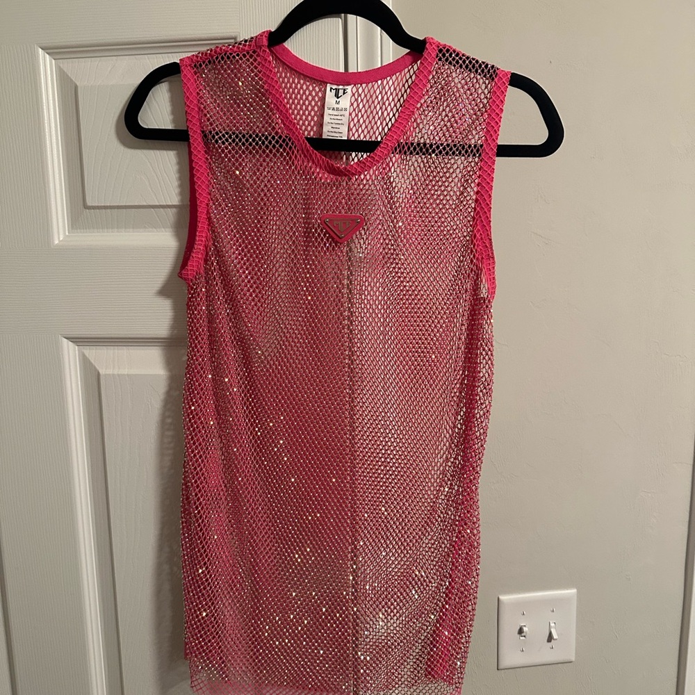 Pink Mesh rhinestone tank top